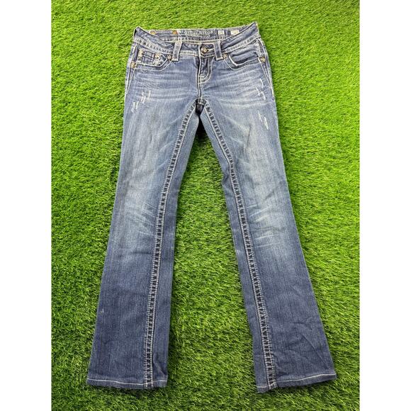 Miss Me Womens Bootcut Jeans Dark Wash Bling Stretch Low Rise Sz 25 32L Y2K Flap - Picture 1 of 13
